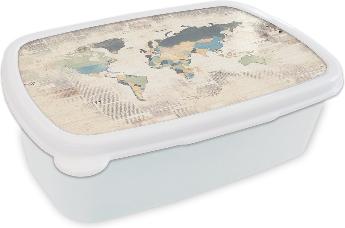 Broodtrommel Wit - Lunchbox - Brooddoos - Wereldkaart - Vintage - Pastel - 18x12x6 cm - Volwassenen
