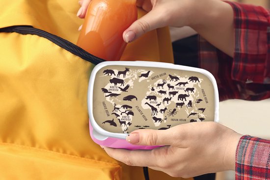 Lunch box Rose - Lunch box - Boîte à pain - Wereldkaart - Animaux - Monde - 18x12x6 cm - Enfants - Fille