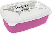 Broodtrommel Roze - Lunchbox - Brooddoos - Wereldkaart - Quote - Take Me Anywhere - 18x12x6 cm - Kinderen - Meisje