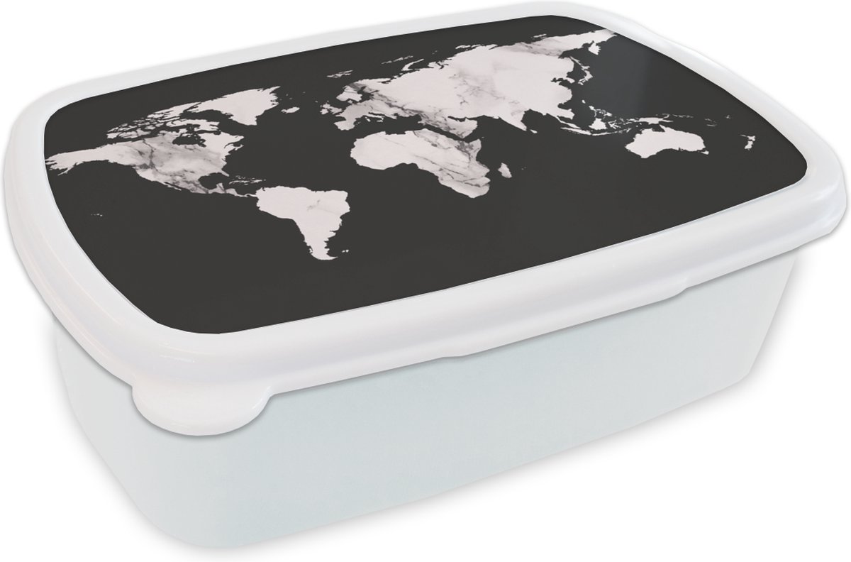 Broodtrommel Wit - Lunchbox - Brooddoos - Wereldkaart - Marmer - Wit - 18x12x6 cm - Volwassenen