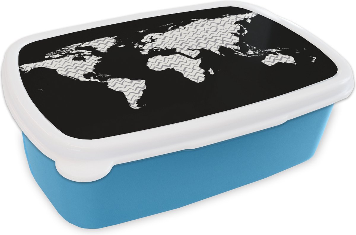Broodtrommel Blauw - Lunchbox - Brooddoos - Wereldkaart - Wit - Grijs - 18x12x6 cm - Kinderen - Jongen