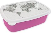 Broodtrommel Roze - Lunchbox - Brooddoos - Wereldkaart - Planten - Roze - 18x12x6 cm - Kinderen - Meisje