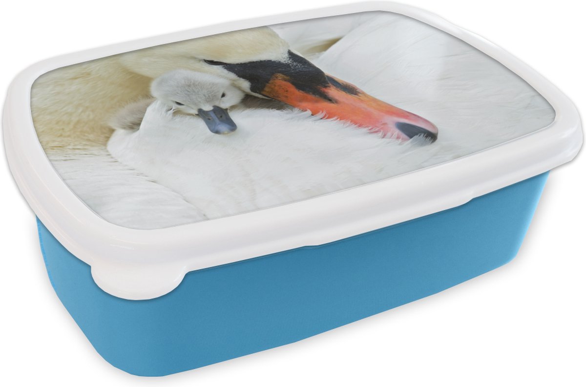 Broodtrommel Blauw - Lunchbox - Brooddoos - Zwaan - Kuiken - Macro - 18x12x6 cm - Kinderen - Jongen