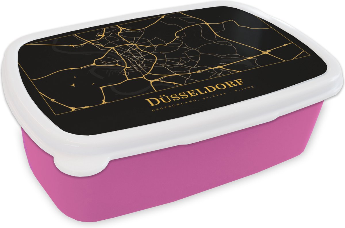 Broodtrommel Roze - Lunchbox - Brooddoos - Kaart - Düsseldorf - Duitsland - Goud - Zwart - 18x12x6 cm - Kinderen - Meisje
