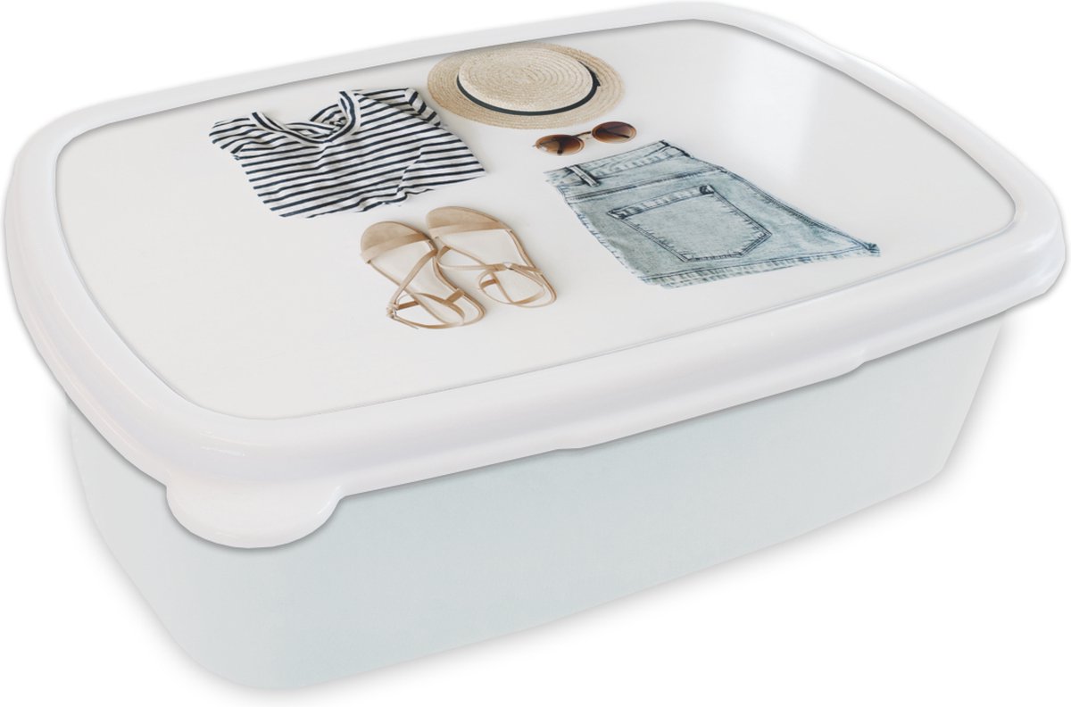 Broodtrommel Wit - Lunchbox - Brooddoos - Tropisch - Kleding - Hoed - 18x12x6 cm - Volwassenen