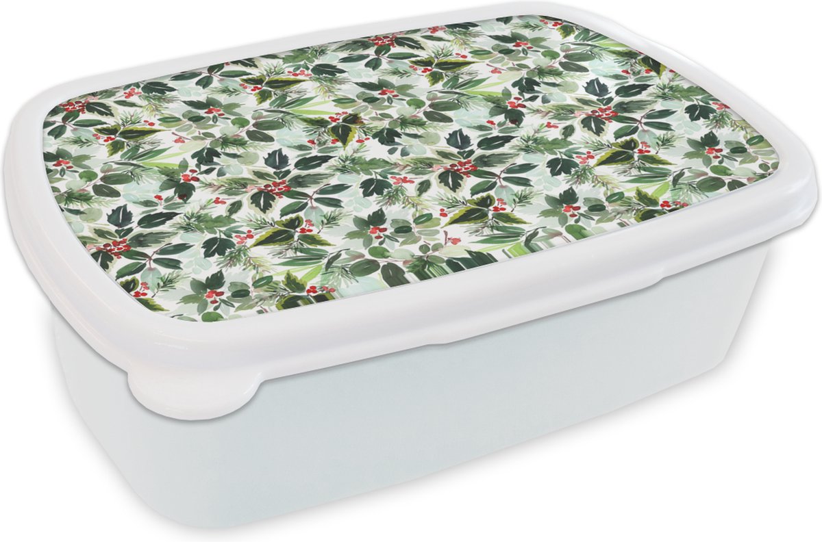 Broodtrommel Wit - Lunchbox - Brooddoos - Waterverf - Groen - Kerst - 18x12x6 cm - Volwassenen