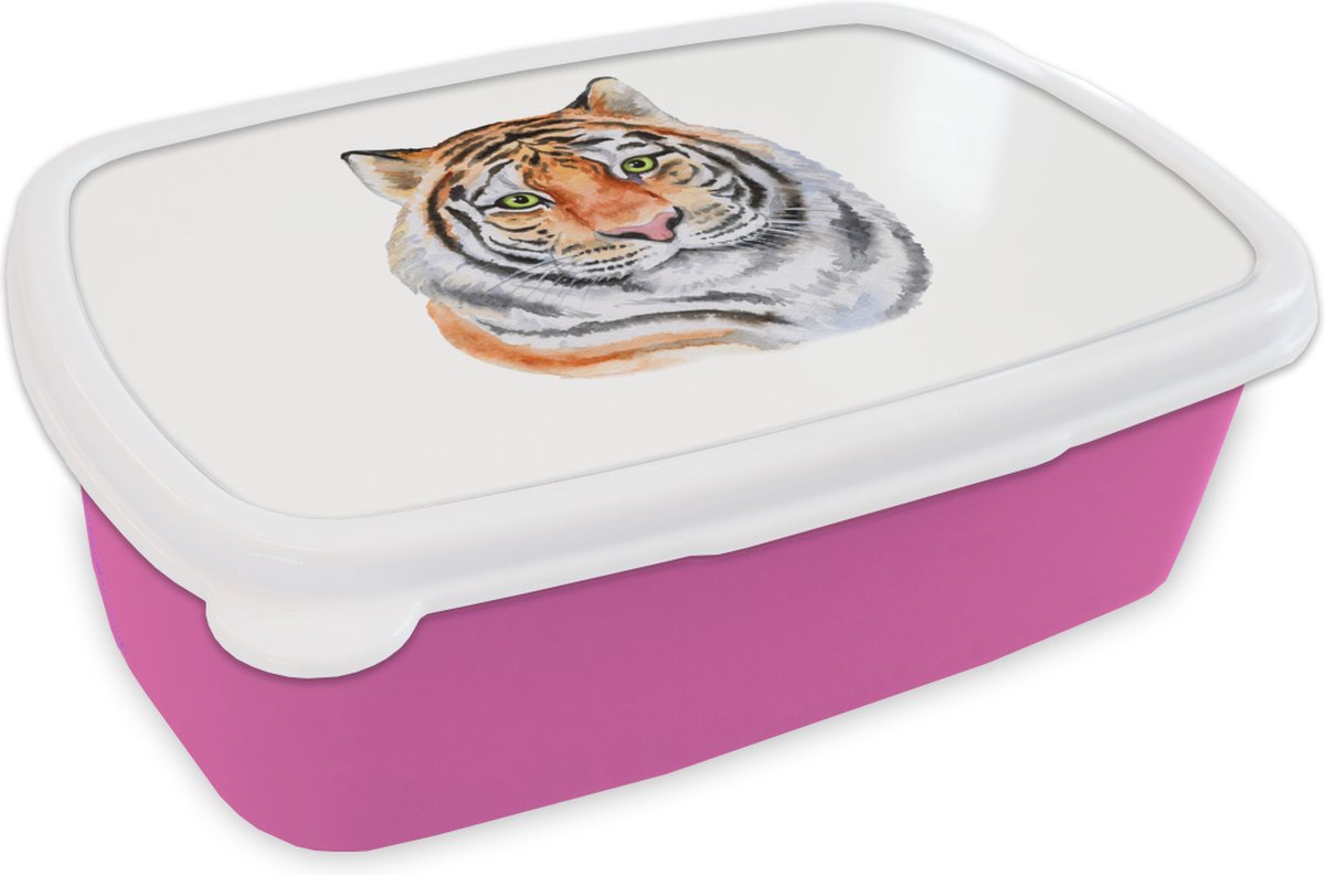 Broodtrommel Roze - Lunchbox - Brooddoos - Tijger - Ogen - Wit - 18x12x6 cm - Kinderen - Meisje