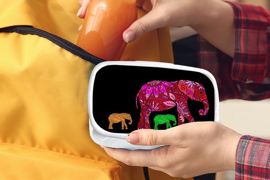 Lunch box Wit - Lunch box - Boîte à pain - Eléphants - Motifs - Fleurs - Plantes - 18x12x6 cm - Adultes