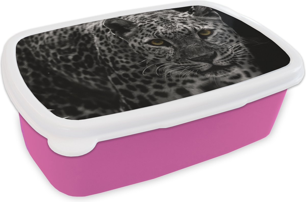 Broodtrommel Roze - Lunchbox - Brooddoos - Luipaard - Zwart - Wit - 18x12x6 cm - Kinderen - Meisje