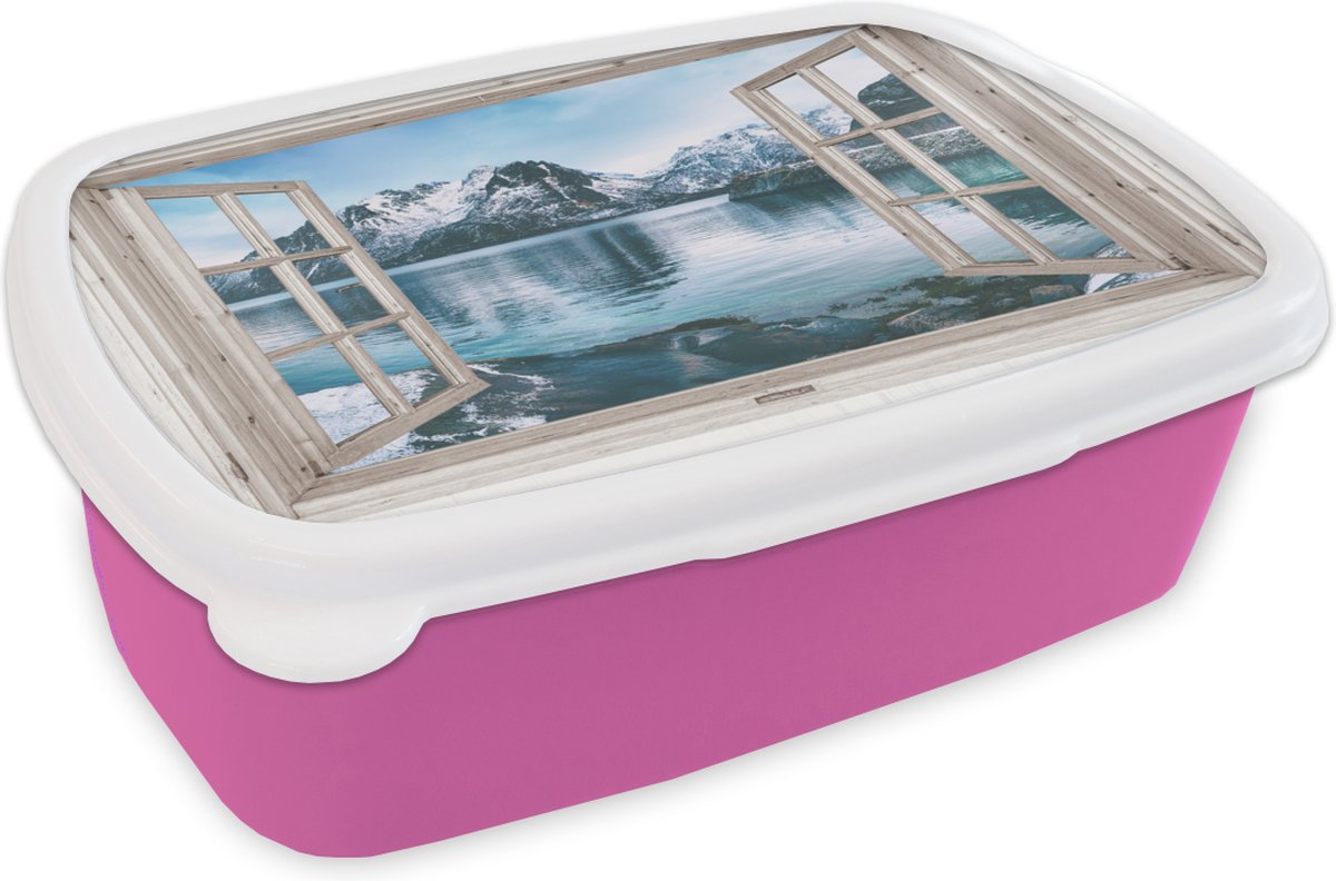 Broodtrommel Roze - Lunchbox - Brooddoos - Doorkijk - Berg - Water - 18x12x6 cm - Kinderen - Meisje