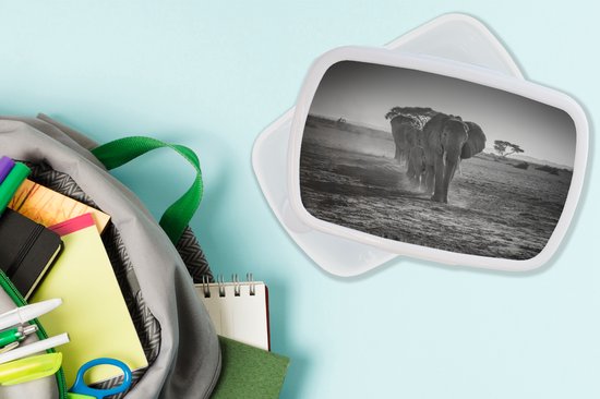 Broodtrommel Wit - Lunchbox - Brooddoos - Olifanten in Kenia in zwart-wit - 18x12x6 cm - Volwassenen