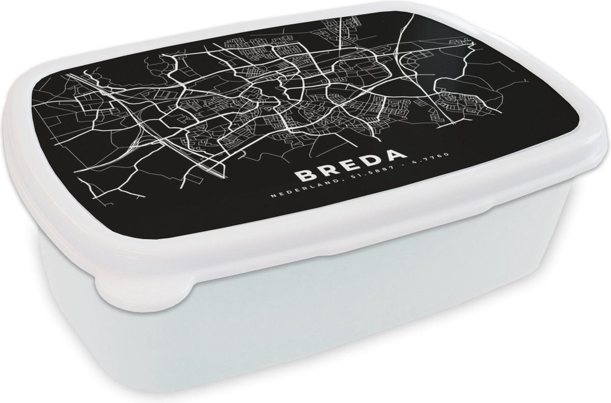 Broodtrommel Wit - Lunchbox - Brooddoos - Breda - Kaart - Zwart - 18x12x6 cm - Volwassenen