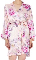 Uniek valentijn cadeautje voor haar - Kimono van heerlijk satijn dames - Peonyrose Pink - maat L/XL - kort model - valentijn aanbieding