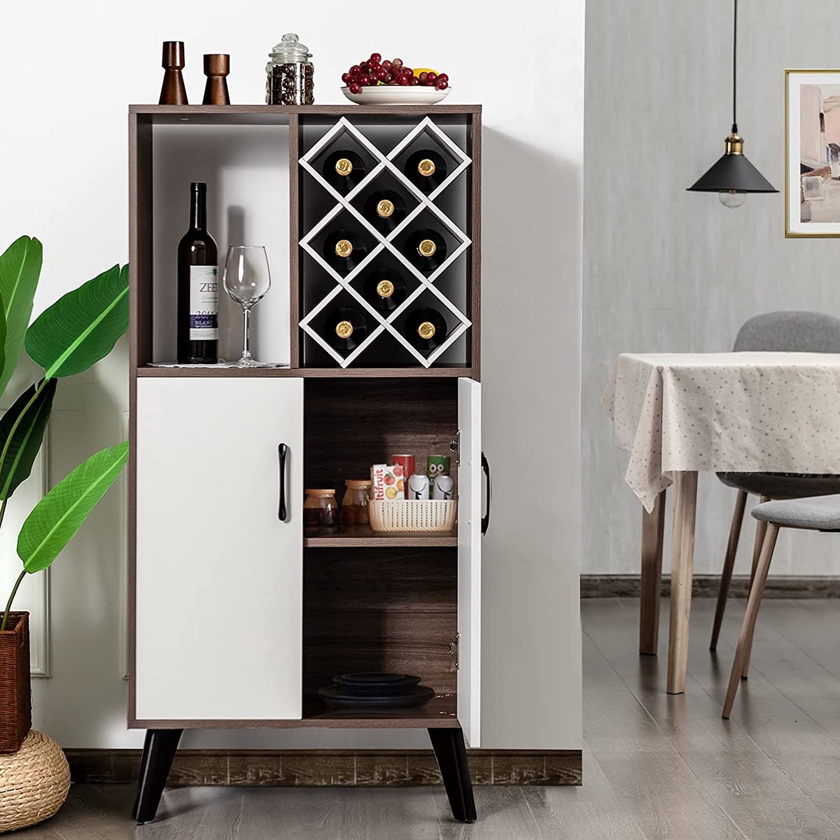 Meuble Bar Komfotteu - Porte-Bouteilles Et Verres - Style Industriel - 48x48x130cm - Étagères Réglables