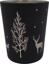 Lauco - Glazen waxinelichthouder herten - Kerstdecoratie -  Zwart - 12.5cm