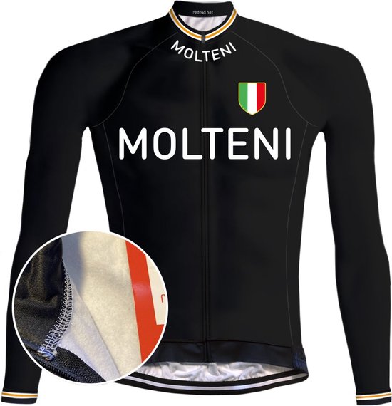 Voorkant van een zwart wielerjack met 'MOLTENI' opdruk, Italiaanse vlag op de borst, oranje/witte strepen aan de zoom.