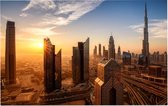 Skyline van Dubai met de Burj Khalifa bij zonsopgang - Foto op Forex - 45 x 30 cm