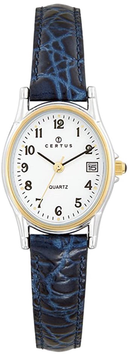 Certus-Duidelijk dames horloge-Datumaanduiding-Blauw lederen band-Bicolor