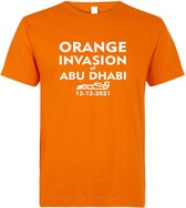 T-shirt Orange Invasion of Abu Dhabi met datum 12-12-2021 en raceauto | race supporter fan shirt | Grand Prix circuit Yas Marina 2021 | Formule 1 fan | Max Verstappen / Red Bull racing suppor
