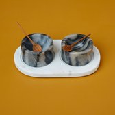 White & Gray Marble Cellars with Spoons & Tray - Potjes