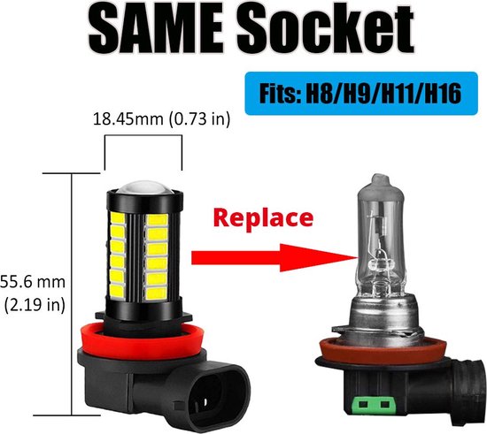 NATGIC H11 H8 H9 Led-mistlampen, Xenon wit, 2835, chipset SMD met lensprojector voor mistlampen, dagrijlicht, 10-16 V, 10,5 W (2 stuks