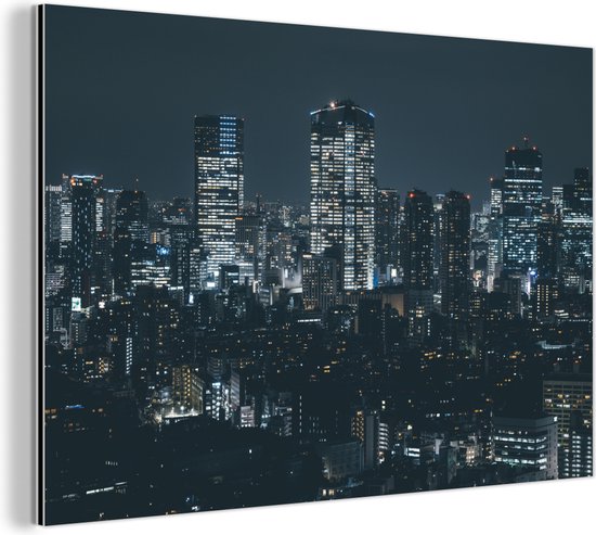 Wanddecoratie Metaal - Aluminium Schilderij Industrieel - De mooie skyline van het Japanse Tokyo in de nacht - 90x60 cm - Dibond - Foto op aluminium - Industriële muurdecoratie - Voor de woonkamer/slaapkamer