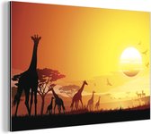 Wanddecoratie Metaal - Aluminium Schilderij Industrieel - Een illustratie van het Afrikaanse landschap met giraffen - 60x40 cm - Dibond - Foto op aluminium - Industriële muurdecoratie - Voor de woonkamer/slaapkamer