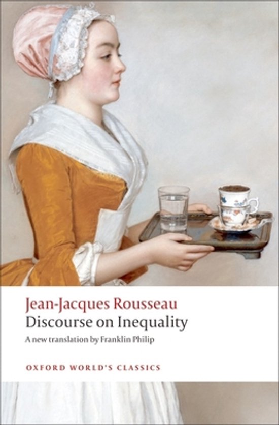 Een vrouw met een oranje jurk en roze muts draagt een dienblad met een glas water en een kop koffie. Titel: "Discourse on Inequality" van Jean-Jacques Rousseau.