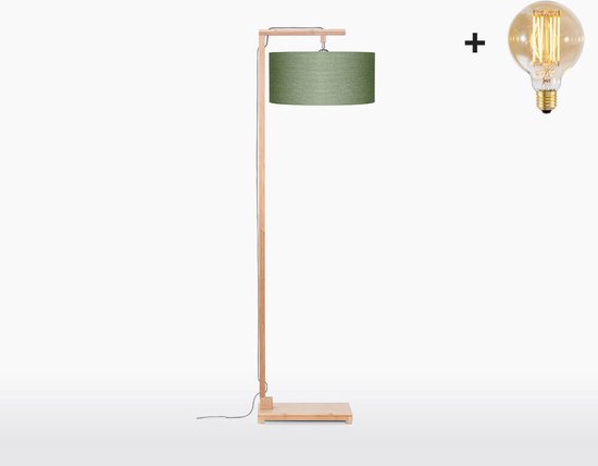 Vloerlamp – HIMALAYA – Bamboe Voetstuk (h. 176cm) - Groen Linnen - Met LEDlamp
