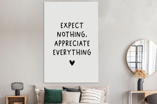 Tableau Peinture sur toile Citation anglaise N'attendez rien, appréciez tout avec un coeur sur fond blanc - 120x180 cm - Décoration murale XXL