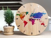 Belanian - Klokken - Wandklokken - Grote wandklok - 33.5 cm EIKEN - wereldkaart wandklok - houten klok - kleurrijke wandklok - moderne wandklok - geometrische kunst aan de muur - uniek