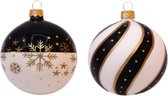 Zes Hippe Kerstballen Zwart, Wit en Goud - Twisted en ijssterren - Doosje met 2 x 3 glazen kerstballen van 8 cm