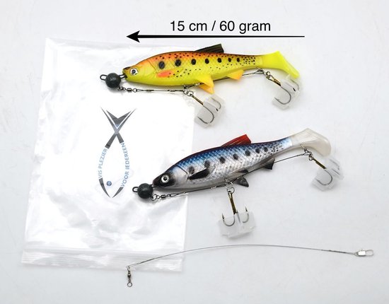 Vis plezier - groot kunstaas 15 cm 60 gram - ideaal voor snoek en snoekbaars - hengelsport - 2 stuks incl onderlijn