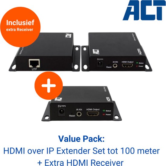 HDMI over IP Extender Set Tx/Rx CATx AC7850 - 100 meter - Sluit 2 additionele apparaten aan – 1x receiver, 2x ontvanger