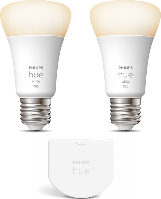 Philips Hue White E27 Uitbreidingspakket - 2 Hue Lampen en Wall Switch - Wit Licht - Werkt met Alexa en Google Home