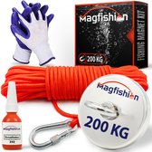 Magfishion Magneetvissen Set - 180 KG - Vismagneet - 20 Meter Lang Touw + Karabijnhaak met Schroefsluiting - Handschoenen - Borgmiddel - Magneetvissen Starterspakket - Magneet Viss