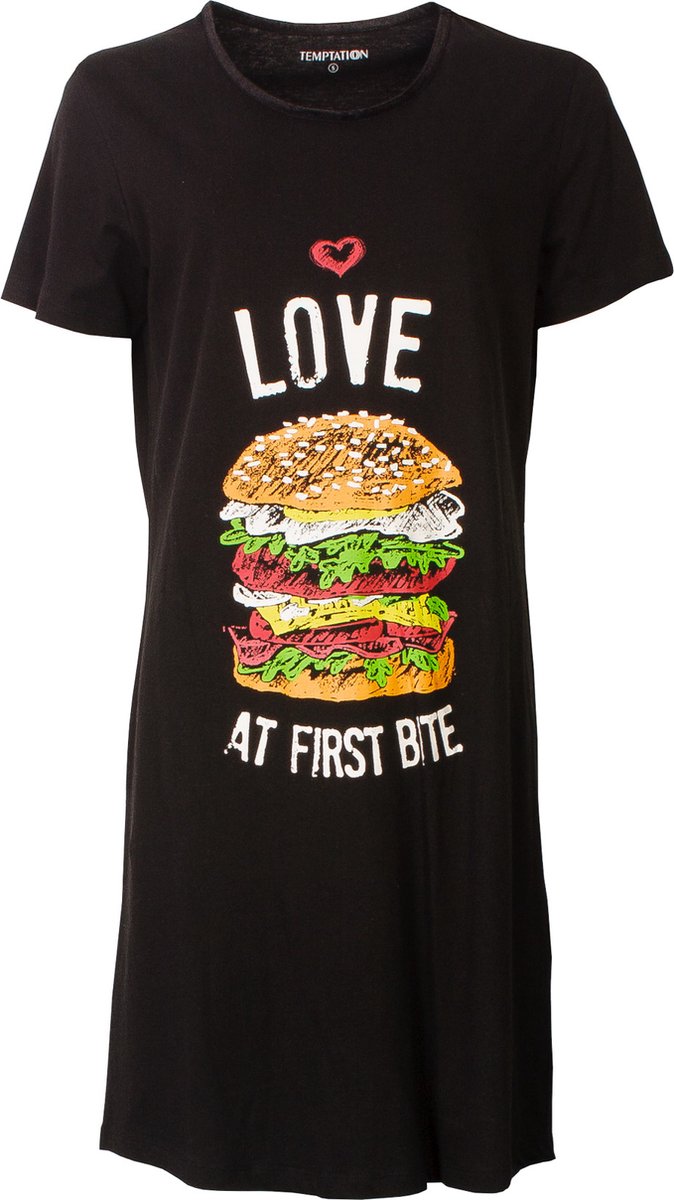 Temptation Dames Bigshirt - Hamburger Print - Zwart