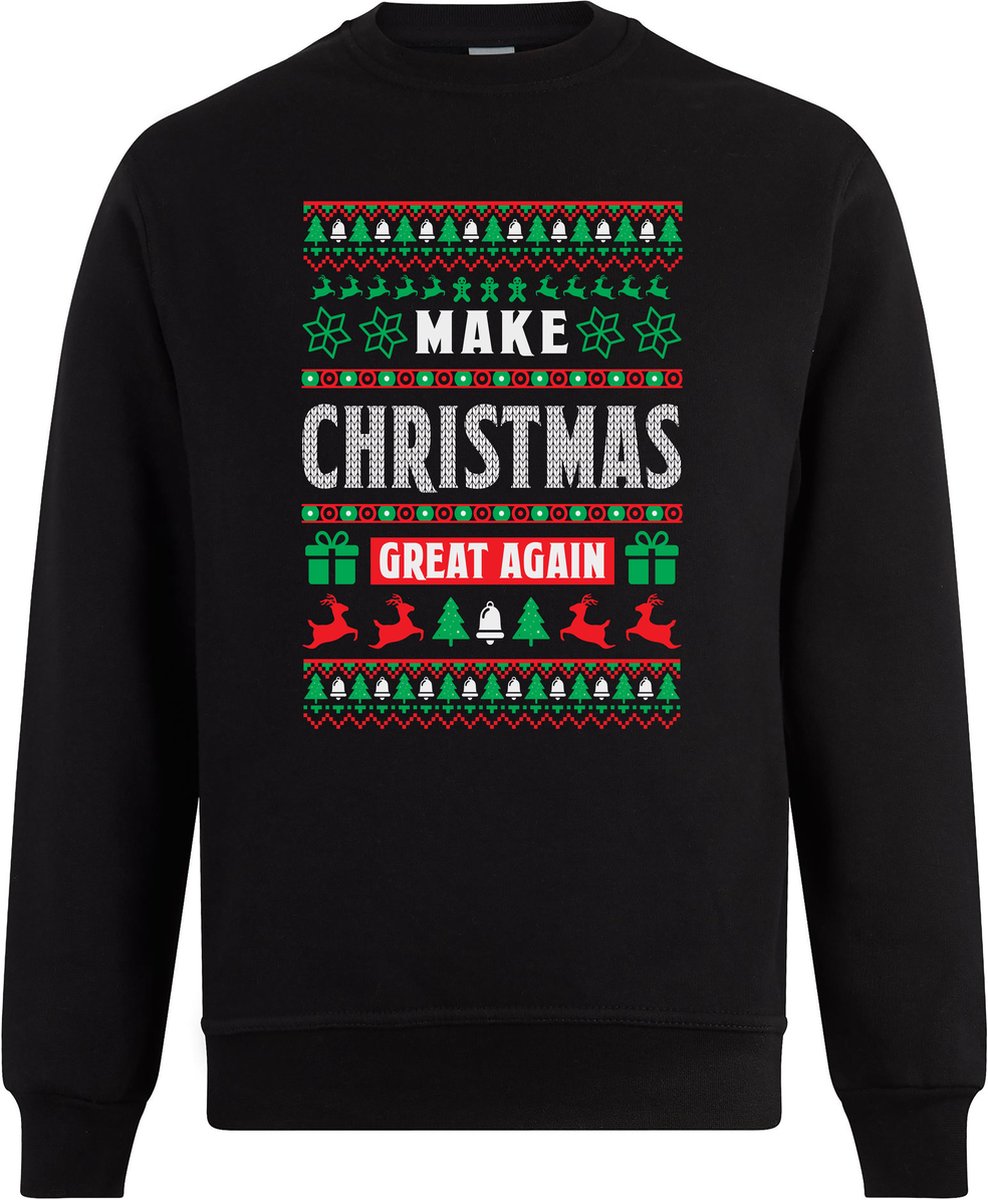 Sweater zonder capuchon - Jumper - Foute Kerst - Kerst Trui - Kerst Sweater - Ronde Hals Sweater - Christmas - Happy Holidays - Black - Make Christmas Great Again - Zwart - XS