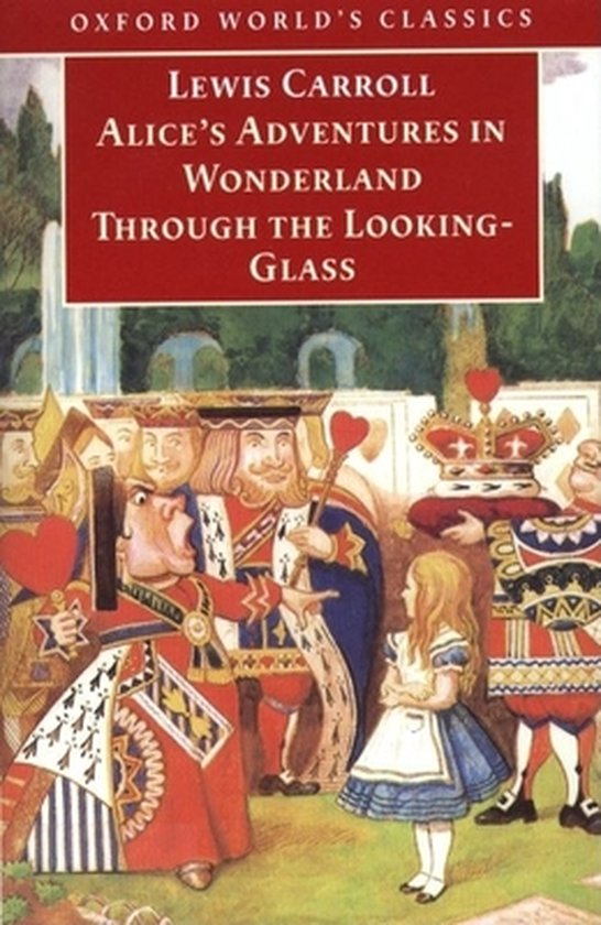 Boekomslag van Alice's Adventures in Wonderland door Lewis Carroll, met Alice die naar de Kaartkoningin kijkt.
