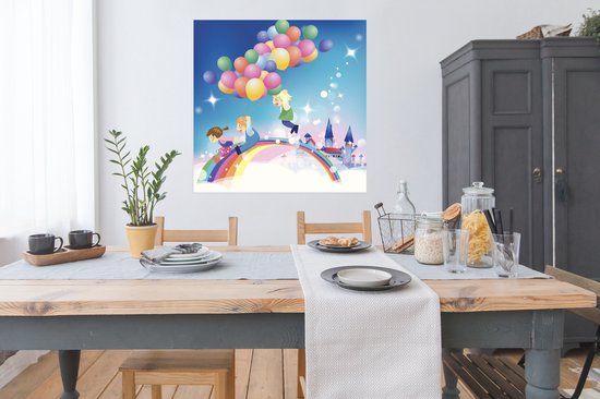 Une illustration d'une fille avec des ballons aux couleurs de l'arc-en-ciel Poster 100x100 cm - Tirage photo sur Poster (décoration murale salon / chambre) / Phénomènes naturels Poster