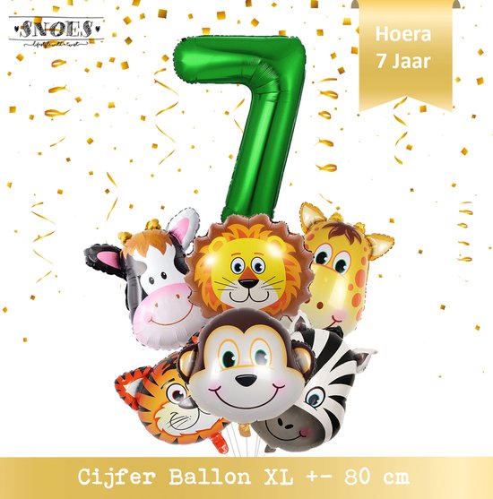 Jungle Decoratie Verjaardag Ballonnen - Hoera 7 jaar - Snoes- Nummer ballon 7 - Safari - Jungle Hoofden 6 stuks + Cijferballon Groen  & Gratis Rietje en Ballon Lint