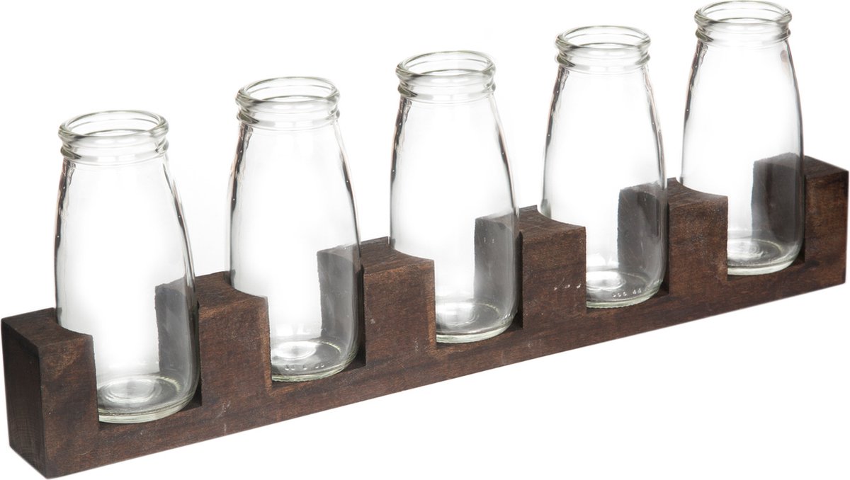 Joy Kitchen glazen vaas met houten standaard - set van 5 | tafel decoratie | vaas glas | houten voet | bloemenvaas | glazen vaasje | vaas glas transparant | glazen pot 5 vazen
