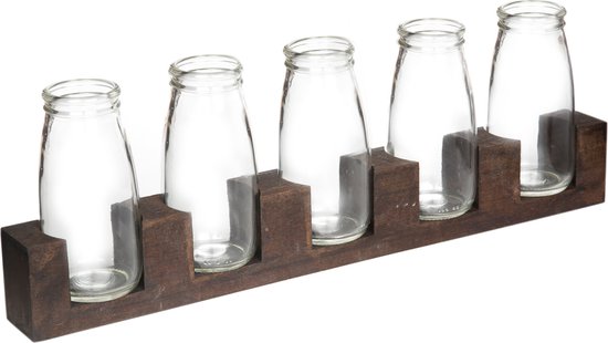 Joy Kitchen glazen vaas met houten standaard - set van 5 | tafel decoratie | vaas glas | houten voet | bloemenvaas | glazen vaasje | vaas glas transparant | glazen pot