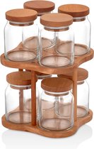 Joy Kitchen houten kruidenrek opberg torren met 8 losse glazen potjes | glazen voorraadpotten | houten deksels | Luchtdichte sluiting | thee kruiden potjes | Keuken opbergpotten |