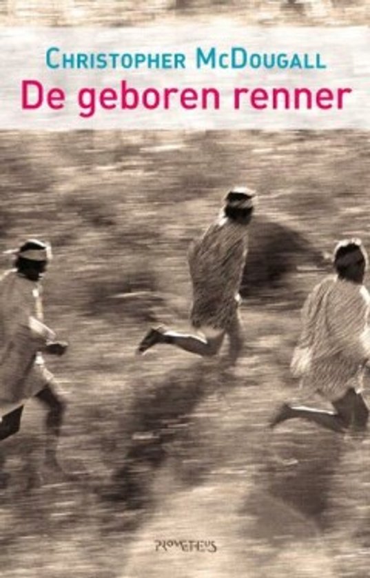 Boek "De geboren renner" met drie renners in traditionele kledij in beweging.