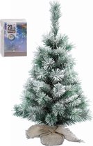 Mini kerstboom met sneeuw 35 cm in jute zak inclusief 20 gekleurde lampjes - Mini kerstbomen met verlichting