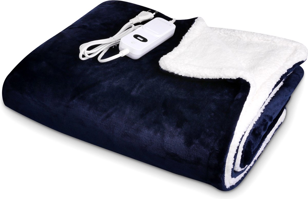 Navaris XXL elektrisch poncho deken Met 3 warmtestanden timer en automatische uitschakeling Wasbaar warmtedeken van 130 x 180 cm Blauw wit