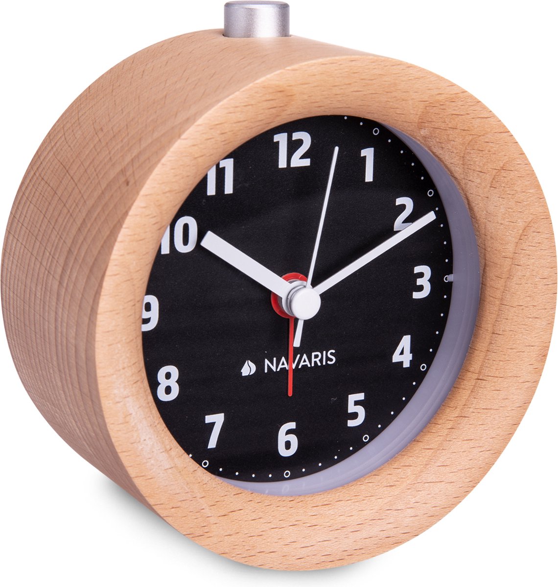 Navaris analoge klassieke houten wekker - Retro tafelklok met alarm, sluimerfunctie en verlichting - Lichtbruin met goudkleurige wijzerplaat