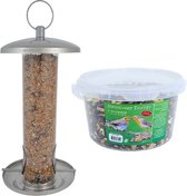 Vogel voedersilo RVS 27 cm inclusief 4-seizoenen energy vogelvoer - Vogel voederstation - Vogelvoederhuisje