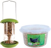 Vogel voedersilo groen kunststof 17 cm inclusief 4-seizoenen mueslimix vogelvoer - Vogel voederstation - Vogelvoederhuisje